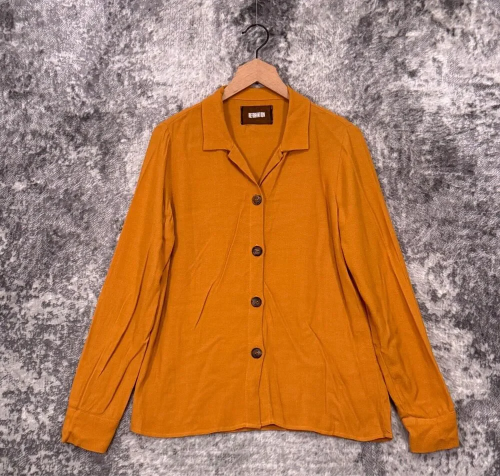 Reformation Shirt Small Womens Gold Crepe Long Sleeve Button Up Top